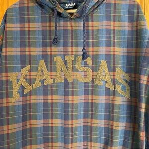 J&M Sportswear Plaid Collegiate Kansas Hooded Pullover Vintage Preppy 90s, Sz XL